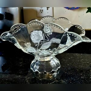 Vtg Imperlux Hand Cut Crystal Footed Centerpiece bowl with Frosted Roses